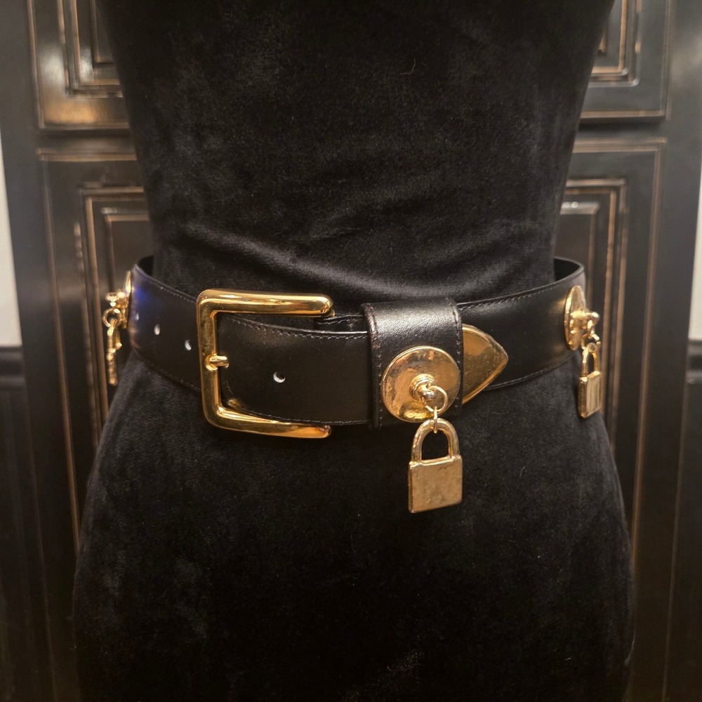 Vintage Donna Katz Black Leather Belt Gold Padlock Charms Edgy Statement Small